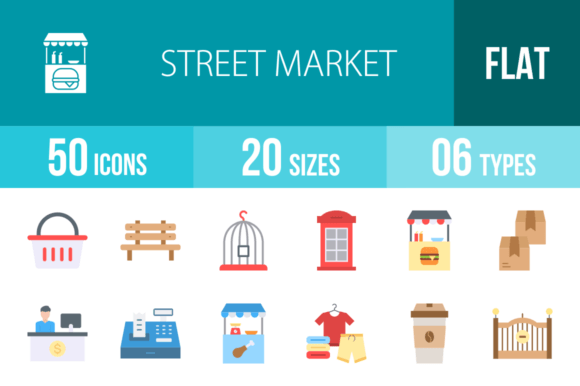 Download 50 Street Market Flat Multicolor Icons - Icons Collection